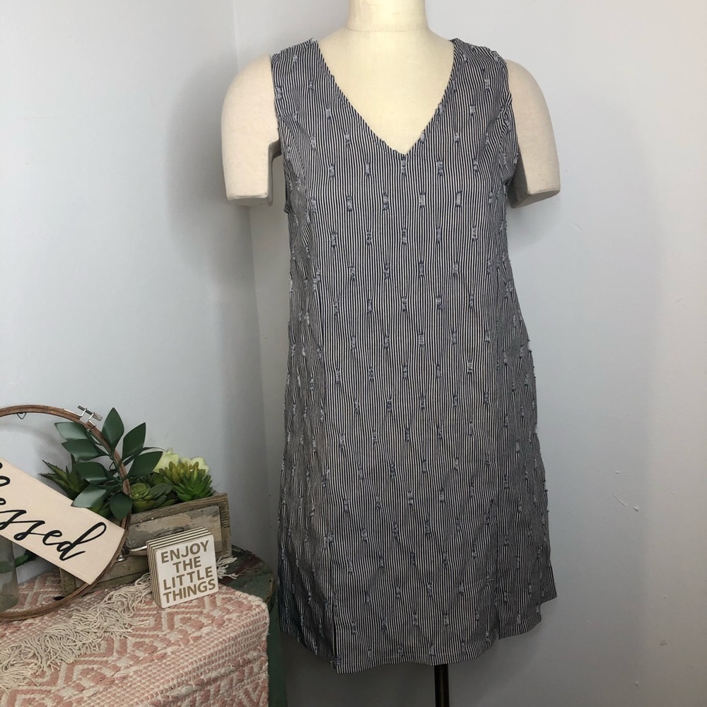 Very J Striped Distressed  V-Neck Front Slit Dress
